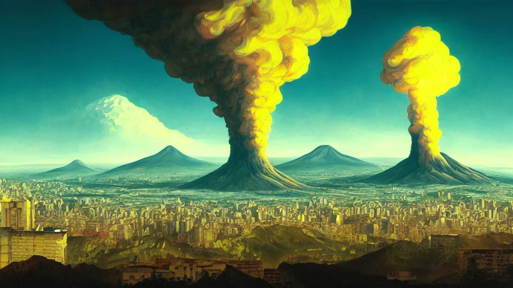 Image similar to Nuclear Fallout towering over the town of Quito by Simon Stålenhag and J.M.W. Turner, oil on canvas; Art Direction by Adam Adamowicz; 4K, 8K; Ultra-Realistic Depth Shading