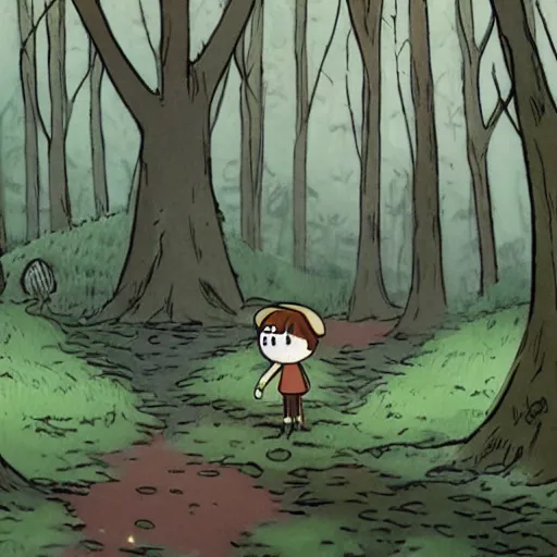 Image similar to Over the Garden Wall, greg and wirt are lost in the forest