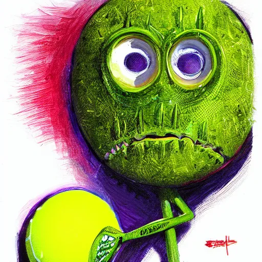 Image similar to a tennis ball monster ,tennis ball, tennis racket, colorful, digital art, fantasy, magic, trending on artstation, ultra detailed, professional illustration by Basil Gogos