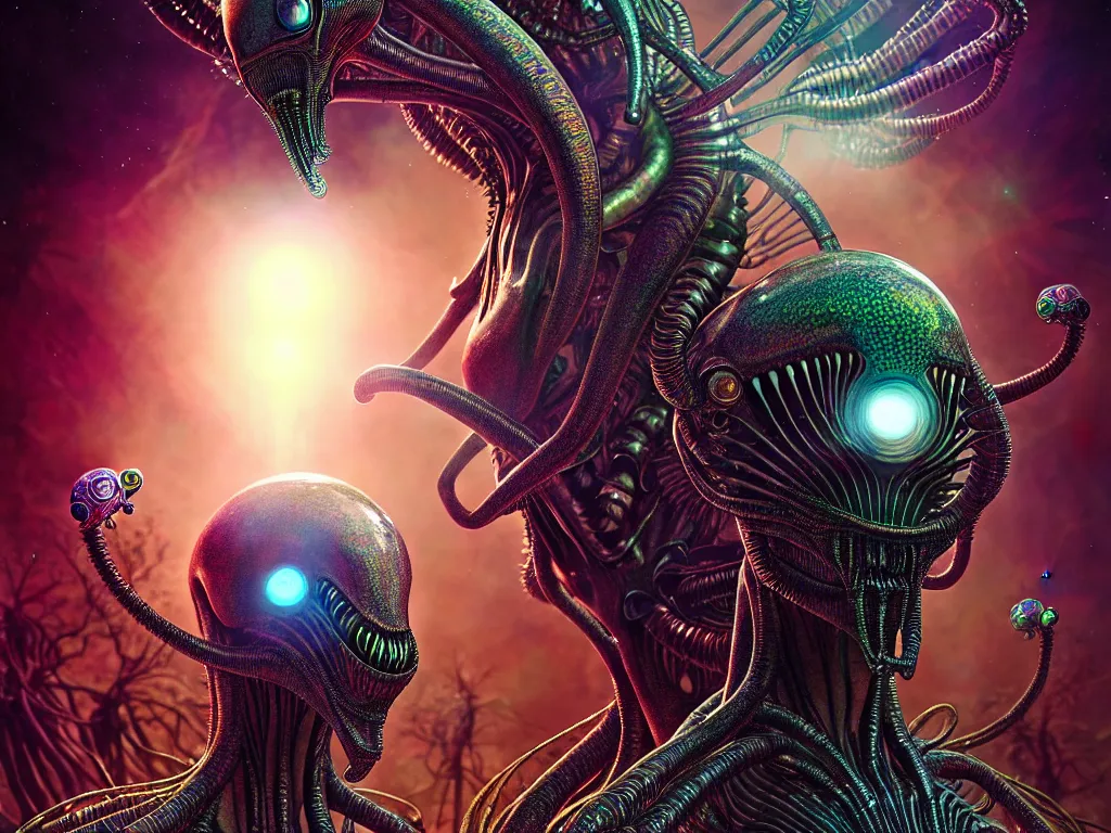 Image similar to highly detailed photo of alien humans, trending on deviantart, neo surrealism, sharp focus, a lot of little details, lens flare, epic render, magical composition, deep color scheme, ornate, intricate, octane, masterpiece, art by ernst haeckel and android jones