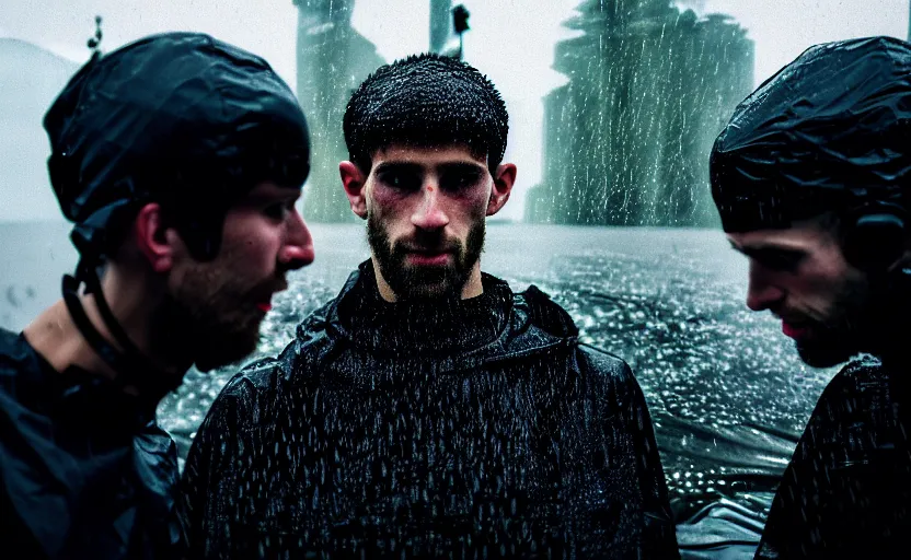 Image similar to cinestill 5 0 d candid photographic portrait by helen levitt of two european male androids wearing rugged black mesh techwear in treacherous waters, extreme closeup, modern cyberpunk moody depressing cinematic, pouring rain, 8 k, hd, high resolution, 3 5 mm, f / 3 2, ultra realistic faces, ex machina