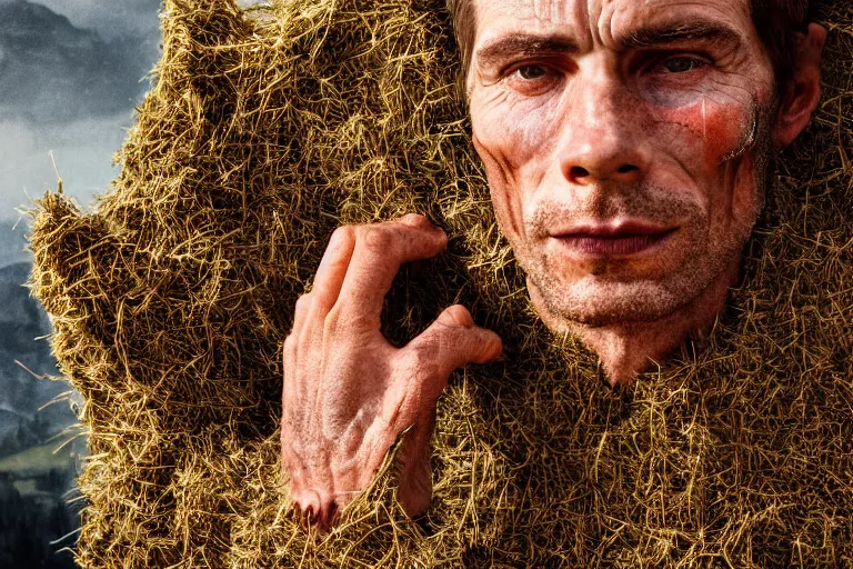 Image similar to portrait of a tyrolean farmer, wearing hay coat, with horns, visible muscles and veins and arteries and bones and spines and nerves, flowers growing out of his body, beautiful detailed intricate insanely detailed octane render, 8k artistic photography, photorealistic, chiaroscuro, by David Cronenberg, Raphael, Caravaggio