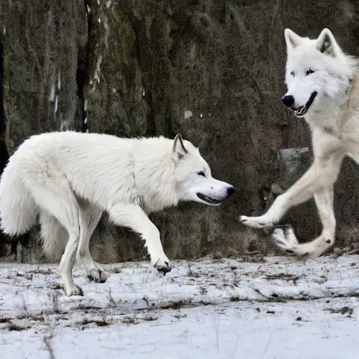 Prompt: a white wolf challenges the pack leader.