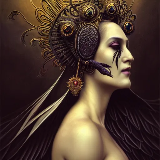 Image similar to goddess of crows, unusual beauty, emotionally evoking symbolic metaphors, head in focus, fantasy, ornamental, intricate, elegant, sensual, highly detailed digital painting, artstation, concept art, painterly, golden ratio, sharp focus, illustration, art by John Collier and Krenz Cushart and Artem Demura and and Greg Rutkowski and Alphonse Mucha and Albert Aublet