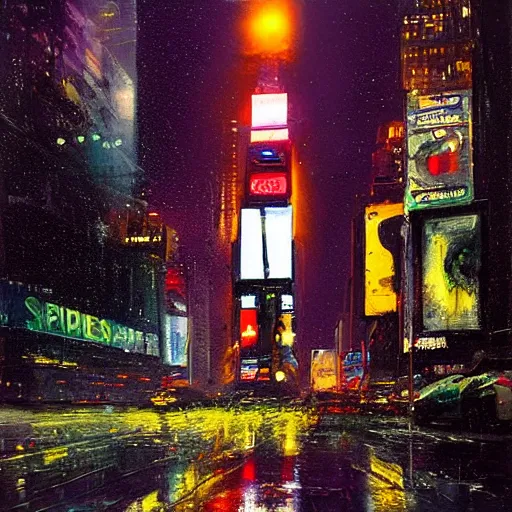 Prompt: spaceship in times square, nyc, night, wet pavement, by jeremy mann, chris foss, jeremy mann