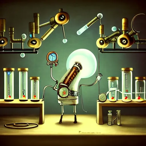 Image similar to steampunk mad scientist Funny cartoonish with test tubes at a science lab, by Gediminas Pranckevicius H 704