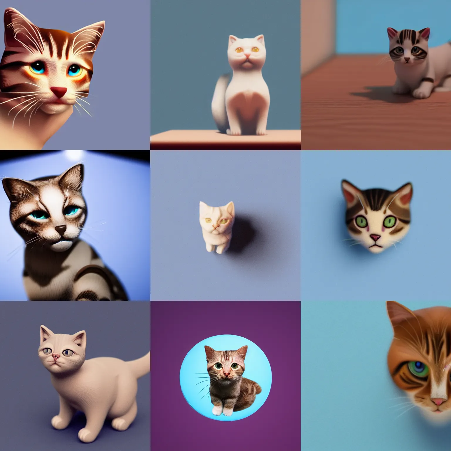 Prompt: Very tiny Ryan Gosling cat that looks like a iOS emoji 3D clay render, 4k UHD, light blue background, isometric top down left view, diffuse lighting, zoomed out very far
