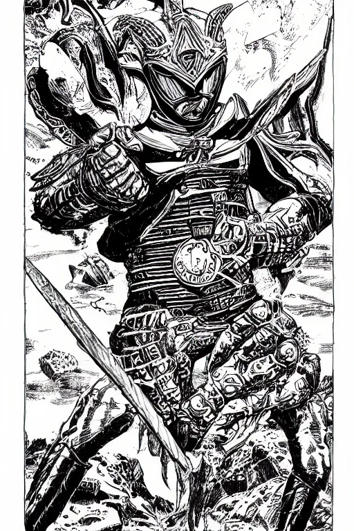 Image similar to a power ranger as a d & d monster, pen - and - ink illustration, etching, by russ nicholson, david a trampier, larry elmore, 1 9 8 1, hq scan, intricate details, high contrast