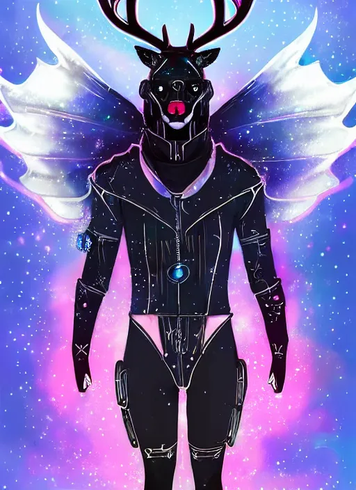 Image similar to award winning beautiful portrait commission of a male furry anthro Black Reindeer cyberpunk fursona with a tail, wings, wings, wings and a cute beautiful attractive detailed furry face wearing stylish black and rainbow galaxy clothes, outline, in a cyberpunk city at night while it rains. Character design by charlie bowater, ross tran, artgerm, and makoto shinkai, detailed, inked, western comic book art