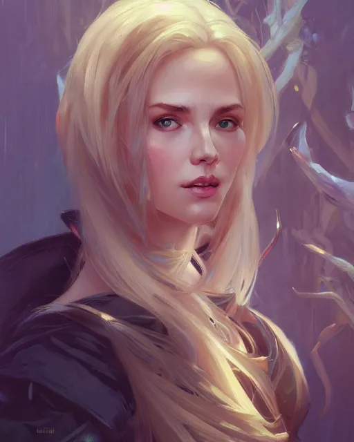 Image similar to '' Portrait of Beautiful blonde Slavic woman, league of legends, LOL, fantasy, d&d, digital painting, artstation, concept art, sharp focus, illustration, art by greg rutkowski and alphonse mucha ''