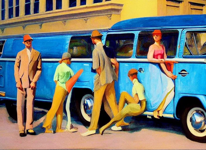 Image similar to detailed painting two young men and women in front of blue vw bus by edward hopper, bernardo bertolucci dreamers movie scene