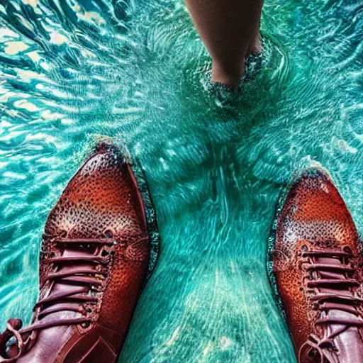 Image similar to ultra detailed photo, man wearing fish on his feet