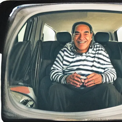 Image similar to Lalo Salamanca smiling, sitting in a car at night