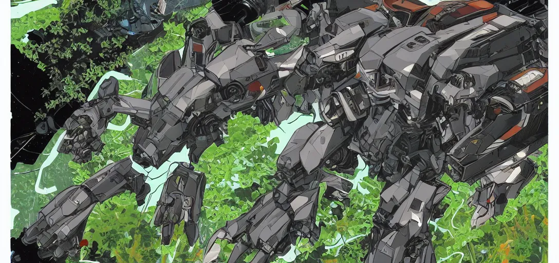 Image similar to mecha moving away from the spacecraft, sheet of vegetation and foliage, in the graphic style of Patrick Gleason and Matt James, detailed art, trending on Artstation, sharp focus, Beautiful comic art