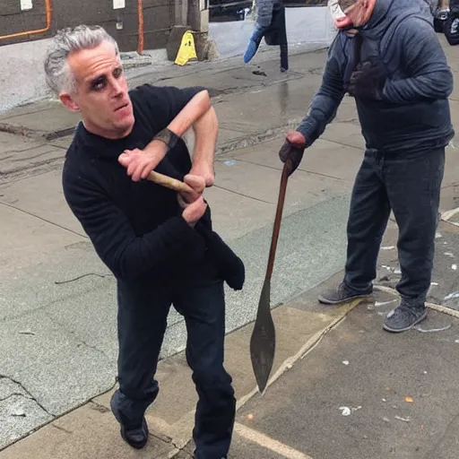 Image similar to jordan peterson getting bludgeoned to death with a pick axe by a homeless person