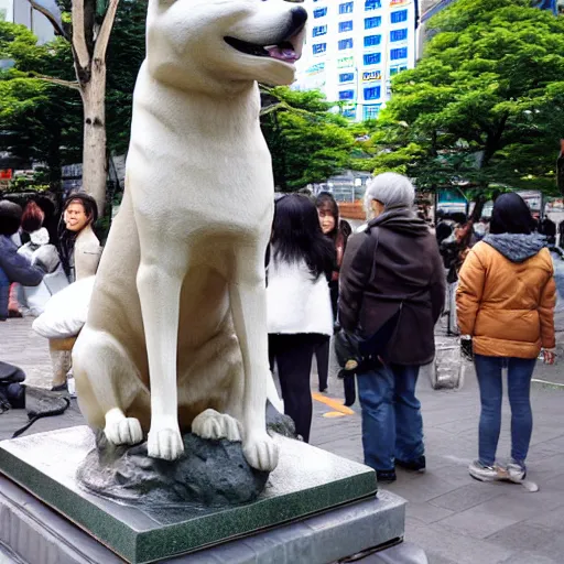 Prompt: the statue of hachiko in shibuya is doge the shiba - inu. kabosu.