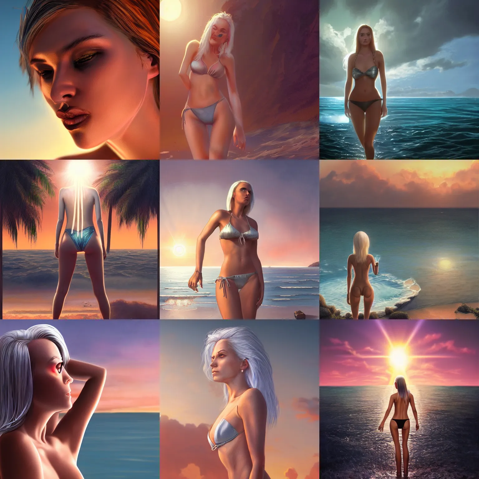 Prompt: a highly detailed image of a silver haired tall girl wearing a bikini in the sunset, refracted lighting, sunset, backlit, unreal engine, greg rutkowski, nicoletta ceccoli, mark ryden, earl norem, lostfish, beautiful face