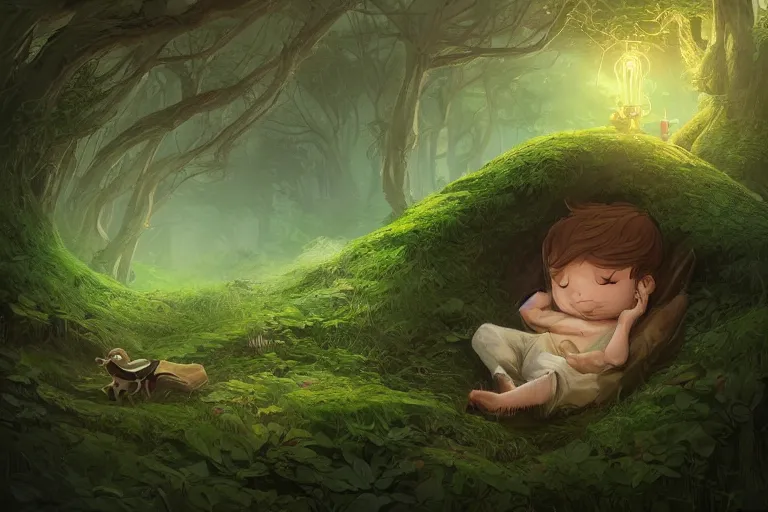 Prompt: a beautiful illustration of a little cute boy in his bed dreaming about a beautiful green forest, fantasy, intricate, epic lighting, cinematic composition, hyper realistic, 8 k resolution, by artgerm, tooth wu, dan mumford, beeple, wlop, rossdraws, james jean, marc simonetti, artstation