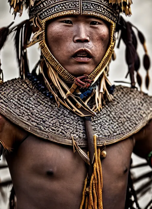 Prompt: tai warlord closeup portrait, historical, ethnic group, traditional tai costume, bronze headset, leather armor, fantasy, intricate with big agate beads and dong son bronze artifacts cross onbare chest, elegant, loin cloth, highly detailed o