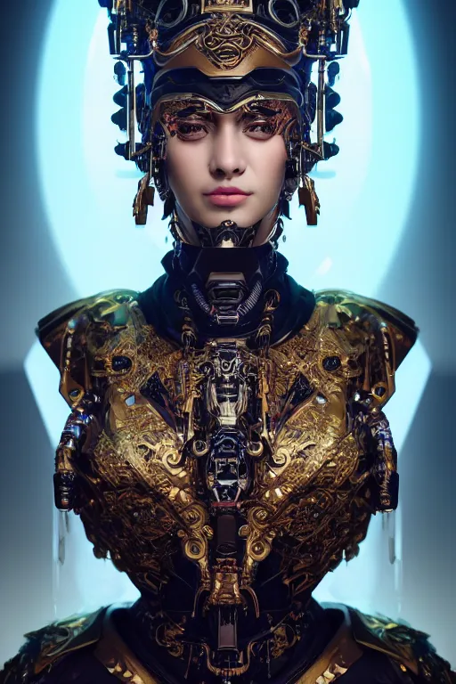 Image similar to a beautiful empress portrait, with a brilliant, impossible striking big cybernetic headpiece, cybernetic clothes, symmetrical, dramatic studio lighting, rococo, baroque, asian, hyperrealism, closeup, D&D, fantasy, intricate, elegant, highly detailed, digital painting, artstation, octane render, 8k, concept art, matte, sharp focus, illustration, art by Artgerm and Greg Rutkowski and Alphonse Mucha