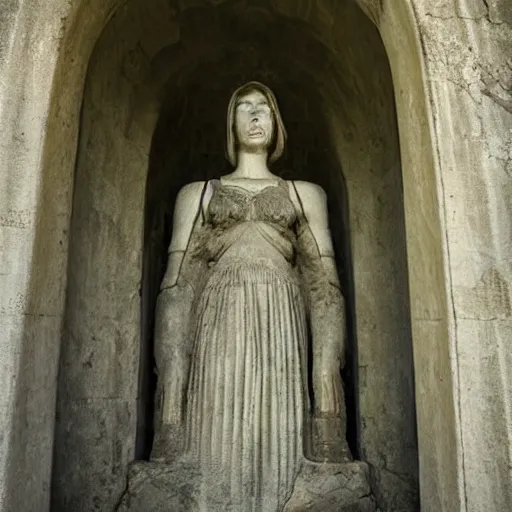 Image similar to delicate Beautiful ancient young woman near giant mysterious and eerie mausoleum, extremely high detail, photo realistic, cinematic, dramatic, post processed