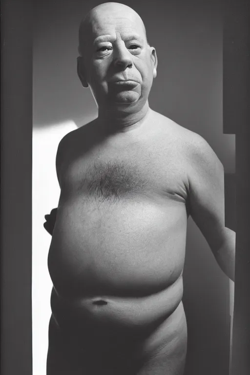 Image similar to studio portrait of man that looks excactly like homer simpson, lookalike, as if homer simpson came to life, soft light, black background, fine skin details, close shot, award winning photo by diane arbus