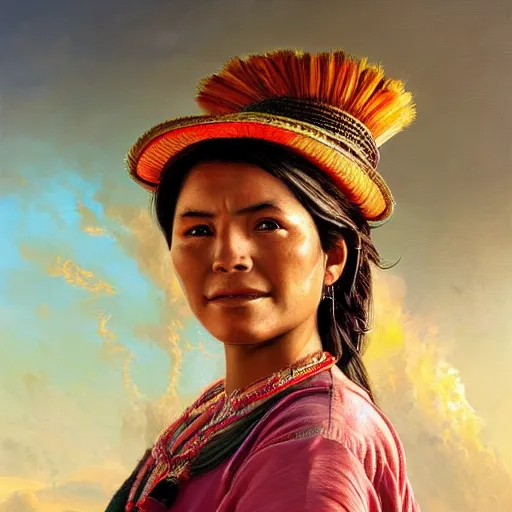 Image similar to portrait of a bolivian woman ( 3 5 ) from bolivia in 2 0 2 1, an oil painting by ross tran and thomas kincade