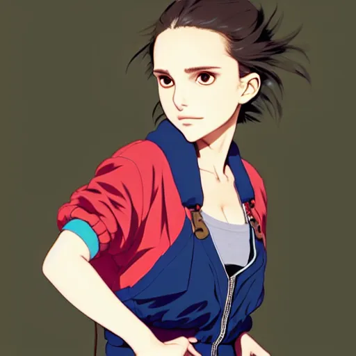 Image similar to a beautiful! boyish! natalie portman alluring gravure! model, wearing oversized mayan bomber jacket and leotard with overalls, bulky poofy bomber jacket with mayan patterns, gapmoe yandere grimdark, trending on pixiv fanbox, painted by greg rutkowski makoto shinkai takashi takeuchi studio ghibli, akihiko yoshida