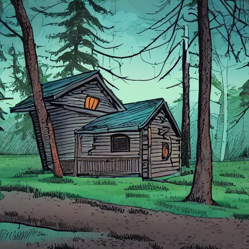 Image similar to a illustration of a Eerie cabin in the middle of the woods in the style of Stan lee comic book