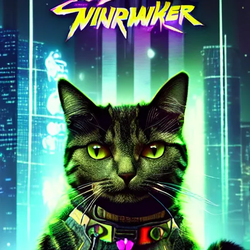 Image similar to a cat with rainbow fur in the style of cyberpunk 2077, 8k, hd