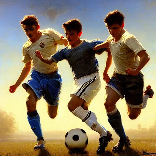 Prompt: 3 attractive male friends bonding time playing soccer. highly detailed painting by gaston bussiere, craig mullins, j. c. leyendecker, 8 k