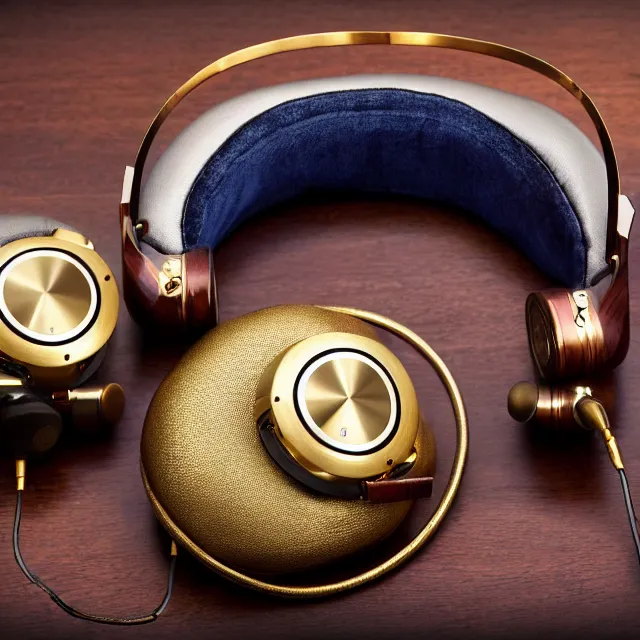 Image similar to masterpiece photo of beautiful hand crafted artistic gold metal headphones, bismuth rainbow metal, bismuth cups, plush leather pads, displayed on mahogany desk, modernist headphones, bismuth beautiful well designed, hyperrealistic, audiophile, intricate hyper detail, extreme high quality, photographic, audeze, sennheiser, bang olufsen, abyssal