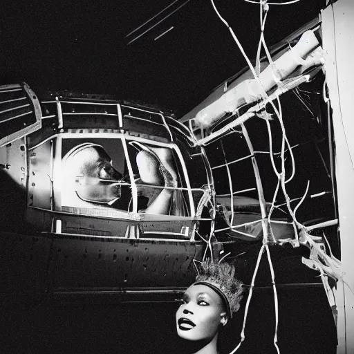 Prompt: photo of beautiful African native ancient woman inspecting space ship cockpit, wires with lights, vintage old photo, black and white, sepia