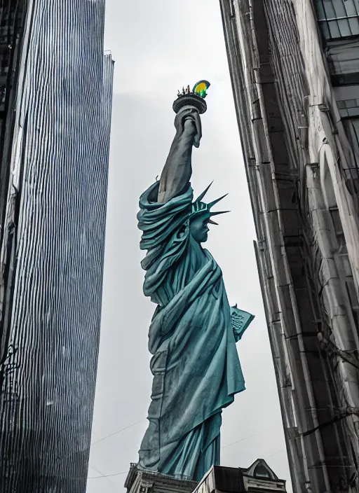 Prompt: giant monster walking between buildings with the face of the statue of liberty