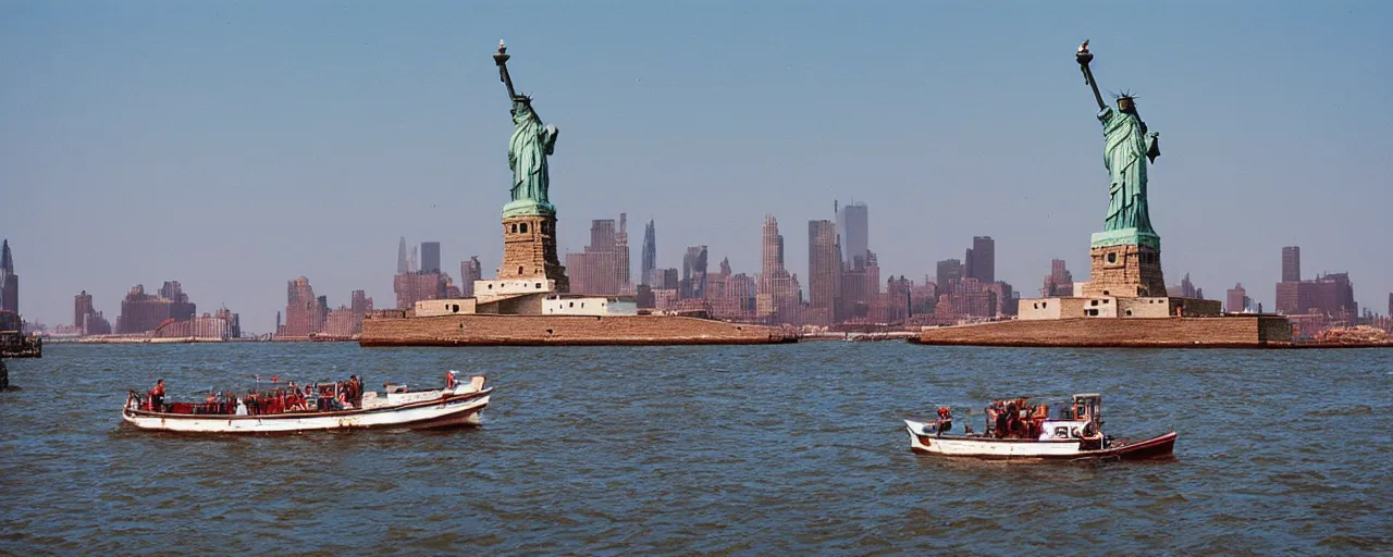 Image similar to a boat carrying spaghetti in new york, the statute of liberty in the background, canon 8 0 mm, photography, film, kodachrome