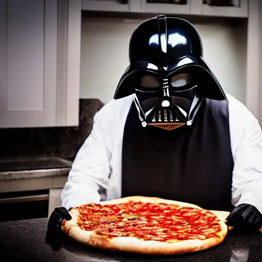 Image similar to trump making a pizza, modeling as darth vader in star wars, ( eos 5 ds r, iso 1 0 0, f / 8, 1 / 1 2 5, 8 4 mm, postprocessed, crisp face, facial features )