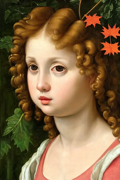 Image similar to renaissance painting of young girl in the garden, closeup, curly long hair, face closeup, emotions closeup, dressed in roman armour, the beautiful garden with maple leaves everywhere, ultra detailed, art by guido reni style, vincenzo catena style