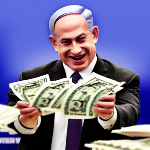 Prompt: benjamin netanyahu laughing maniacally counting piles of cash