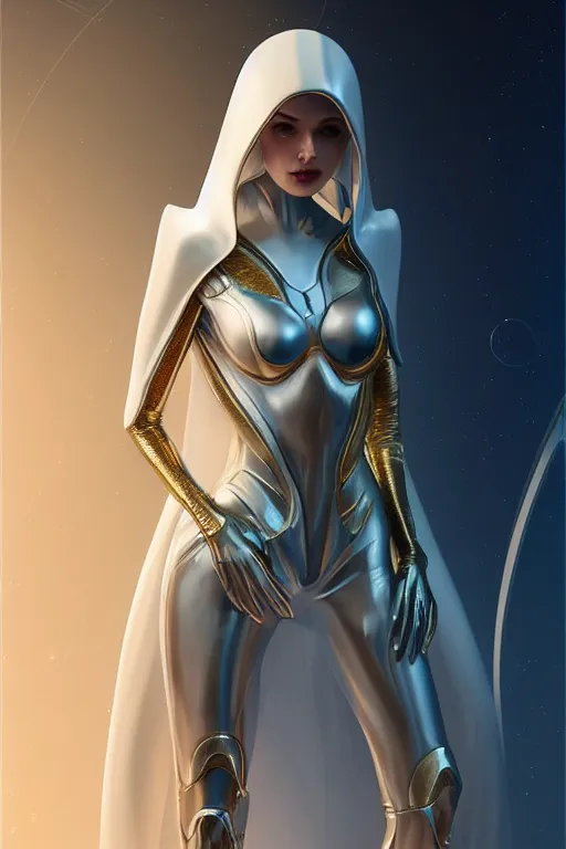 Image similar to detailed portrait glam cyber noun, attractive feminine curves, intricate, scifi, futuristic, elegant cape, elegant, alien room background, white, blue, gold, photorealism, trending on artstation, holy halo, advanced technology, art by moebius and vitaly bulgarov and chanthara