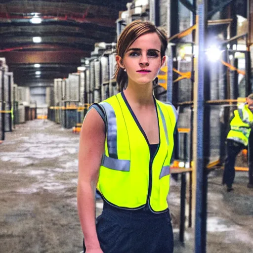 Prompt: photo, close up, emma watson in a hi vis vest, in warehouse, soft light, android cameraphone, snapchat story screenshot, 2 6 mm,