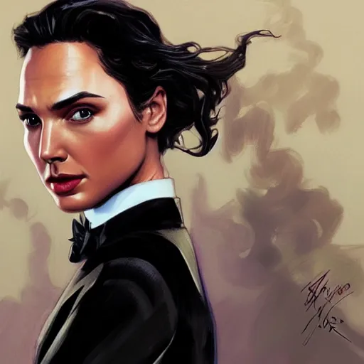 Prompt: gal gadot as james bond wearing a tuxedo, portrait, highly detailed, digital painting, artstation, concept art, sharp focus, illustration, art by artgerm and greg rutkowski and alphonse mucha