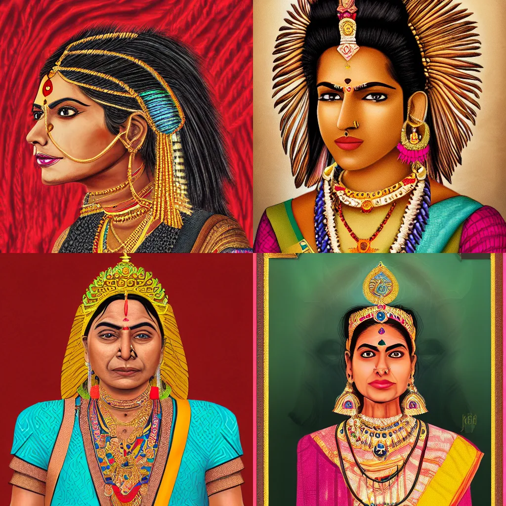 Prompt: portrait of a bold Indian queen from year 2050. Extremely detailed, 8k resolution, digital art