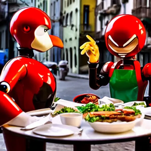 Image similar to dr robotnik eating at an italian restaurant surrounded by robots from sonic