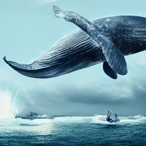 Prompt: a giant flying whale shooting fireballs from it's mouth, extreme detail, matte painting, trending, fine art