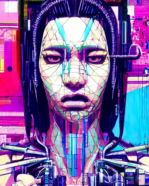 Prompt: a cyberpunk portrait of a female model by jean - michel basquiat, by hayao miyazaki by artgerm, highly detailed, sacred geometry, mathematics, snake, geometry, cyberpunk, vibrant, water