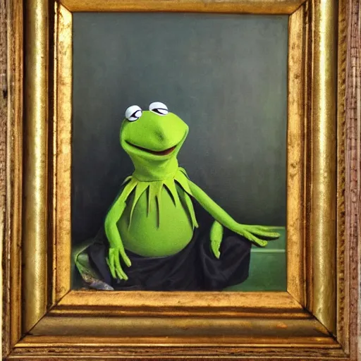 Image similar to photorealistic kermit the frog in an 1 8 5 5 painting by elisabeth jerichau - baumann. painting, oil on canvas