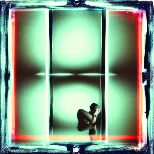 Image similar to polaroid of a dream, reflection, double exposure, dramatic low-key neon lighting, light painting