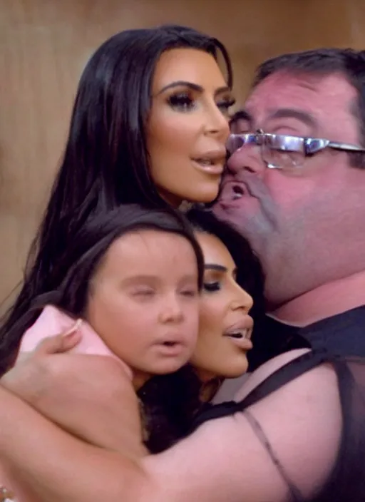 Image similar to film still of kim kardashian being hugged by bubbles from trailer park boys,
