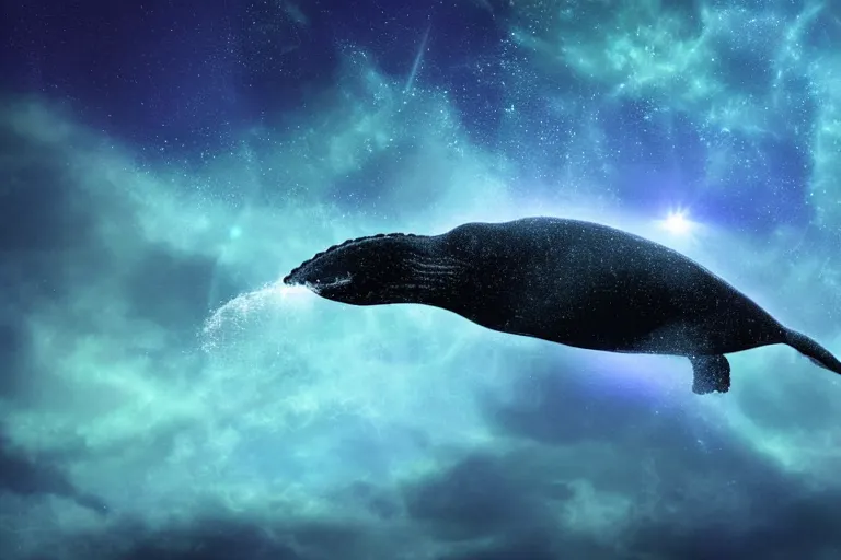 Image similar to a bioluminescent humpback whale swimming through the cosmos, digital art, photorealistic