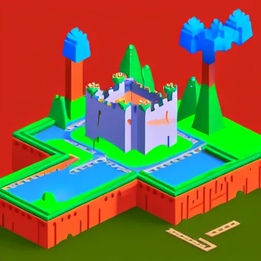 Prompt: isometric 3d video game level, castle in forest, monument valley style